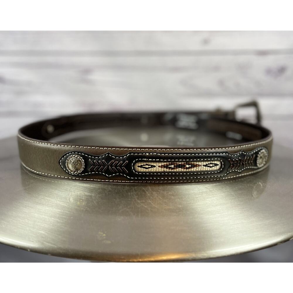 Nocona Leather Belt Men’s Size 38 Western Cowboy Concho Belt Brown Silver Buckle - Picture 3 of 5